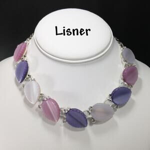 Vintage Lisner Leaves Necklace, Lavender Pink White Lucite, 1950s